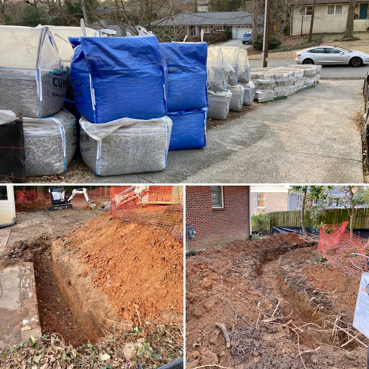 A series of three photos. The first is stacks of hardscape materials stacked by a driveway. The other two are of two trenches dug into the ground.