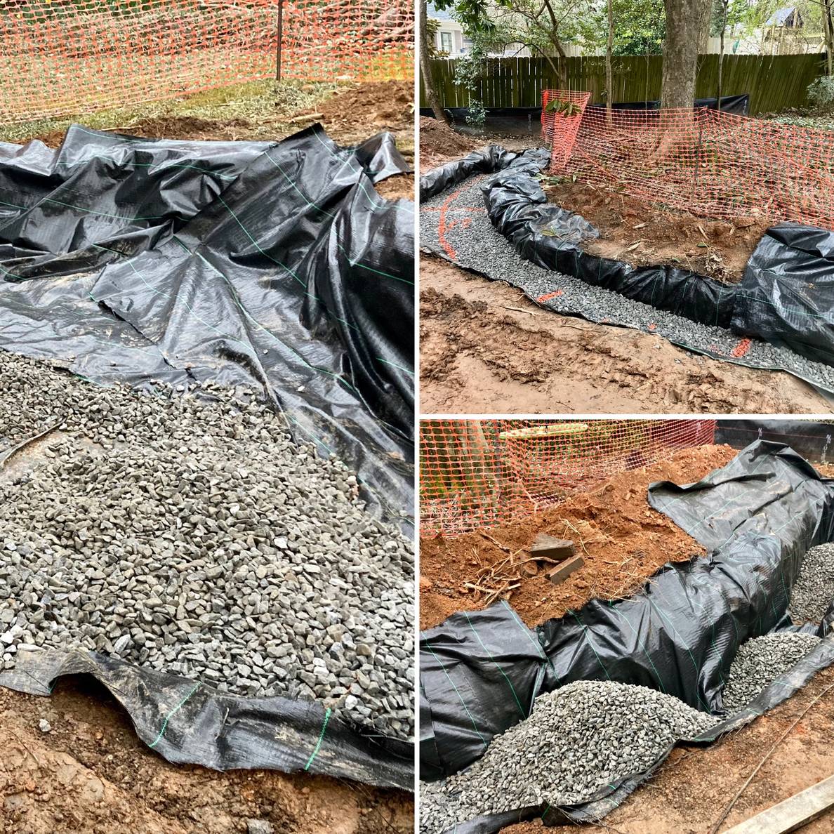 3 pictures: each showing different parts of a dug out area with black landscape fabric and lots of crushed stone.