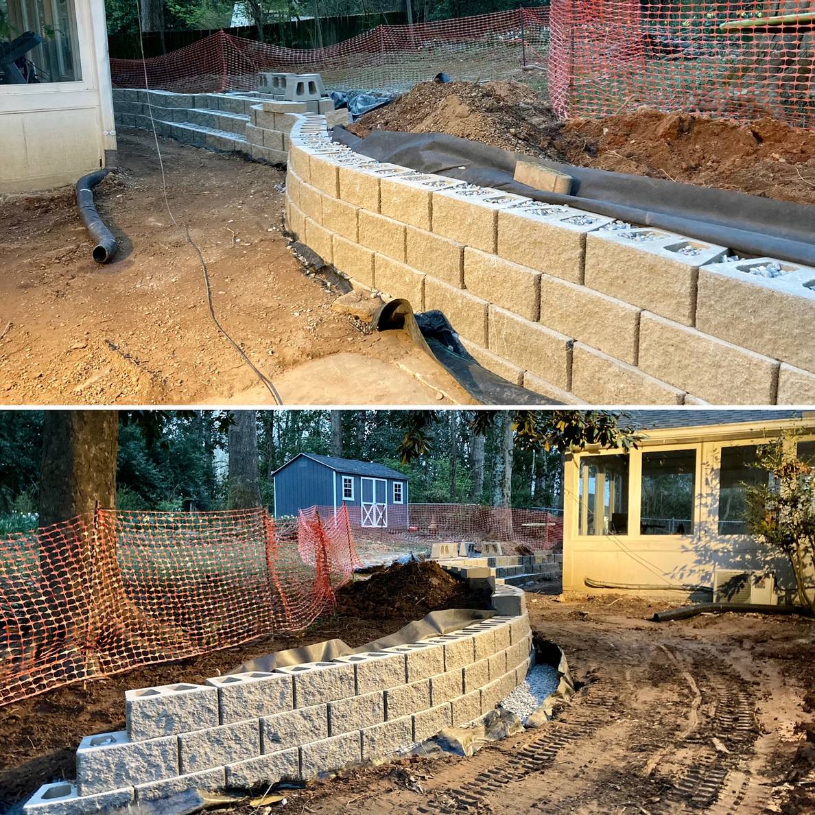 Two pictures from opposite ends of a retaining wall, each looking towards steps in the middle.