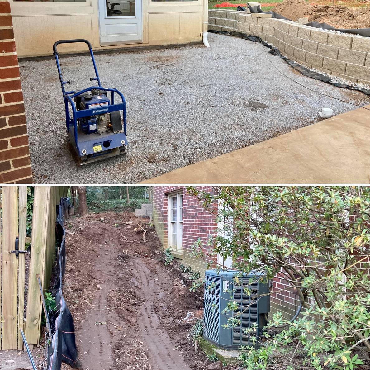 Two photos: one shows a sun porch and retaining wall in the background with an open area in the foreground with a layer of small crushed stone. The other shows a slope of Georgia clay along the side of a house.
