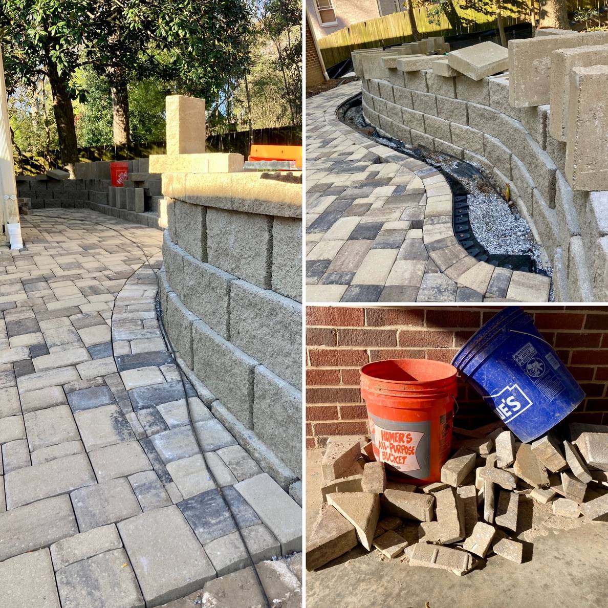 3 pictures: two are of the edging of a paver patio and walkway. One is of a pile of stone offcuts.