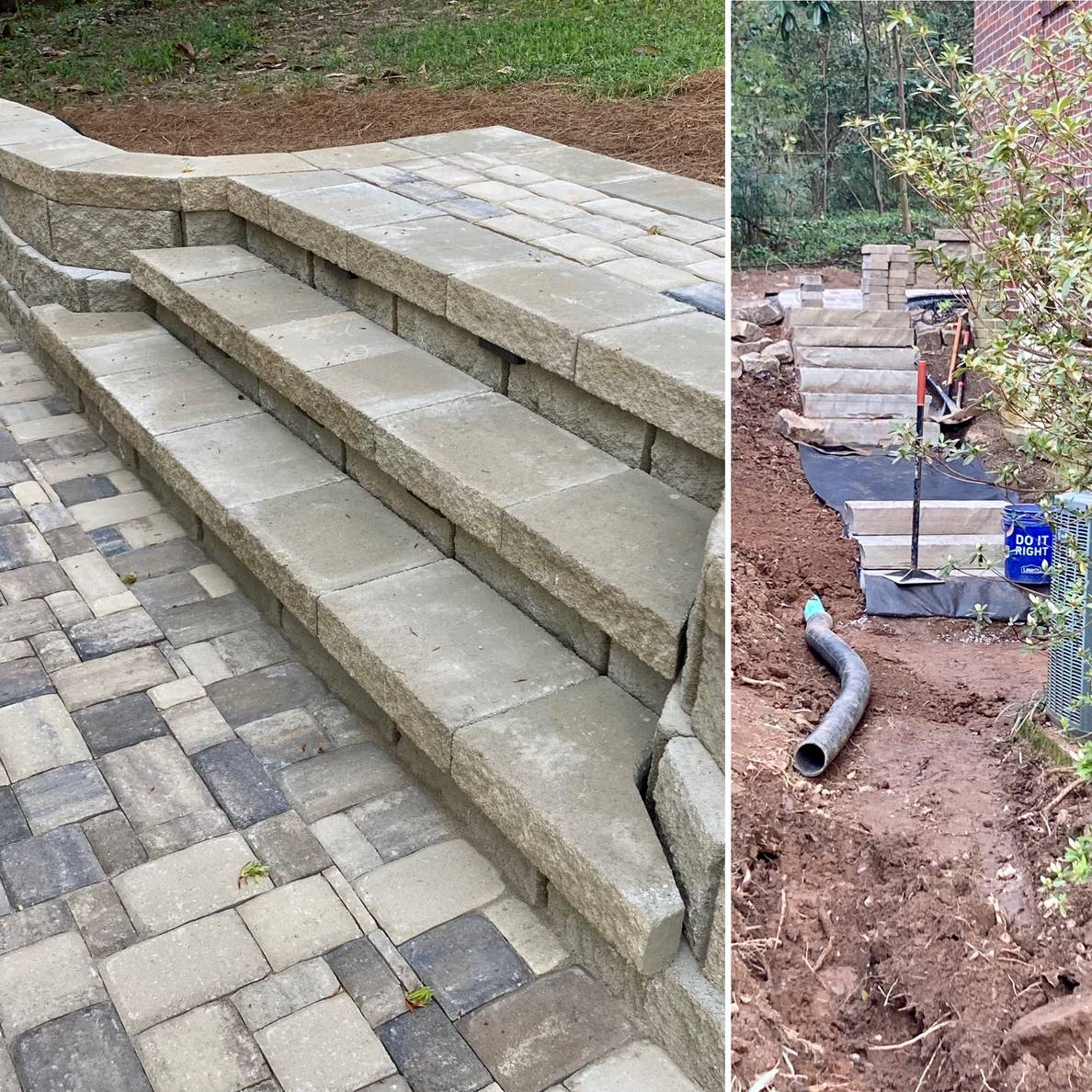 Two photos: the first is of some retaining wall steps with pavers for the top landing and a paver path in front. The second is of some stone treads and green pipe along a clay slope.