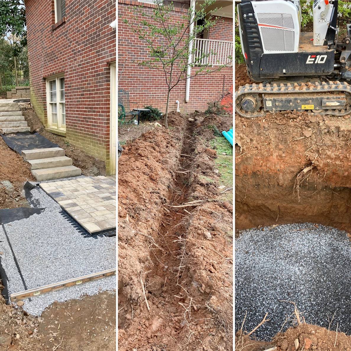 3 photos: one is some stone treads with a paver landing by a basement door; one is of a pit with crushed stone at the bottom; the third is of a trench dug through a yard.