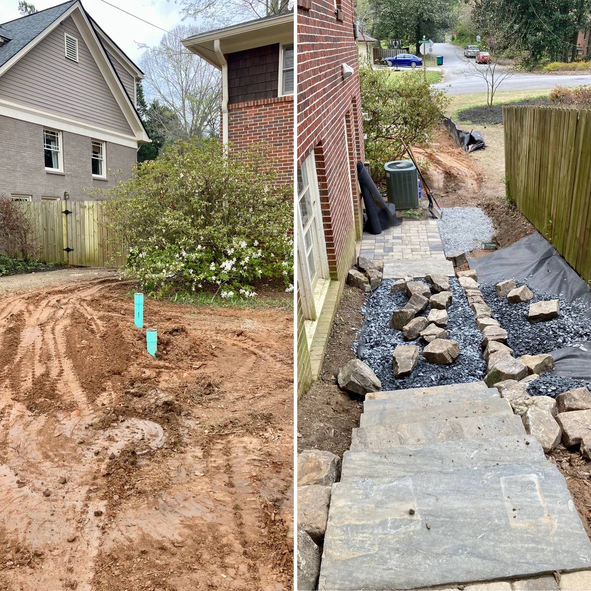 2 photos. One shows a clay area with 2 pipes popping out of the ground. Yesterday that area was a big pit in the ground. The other shows a side yard step area with stone treads, boulders, and slate chips.