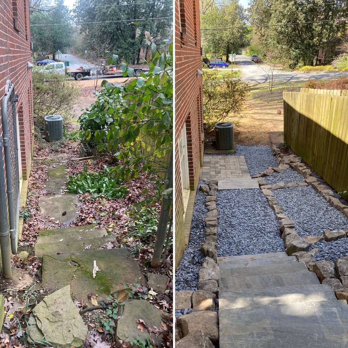 Before and After photos of some outdoor steps along the side of house. In the Before photo are broken concrete steps flanked by fallen leaves and bushes. In the After photo are stone tread steps with slate chips and stone borders.