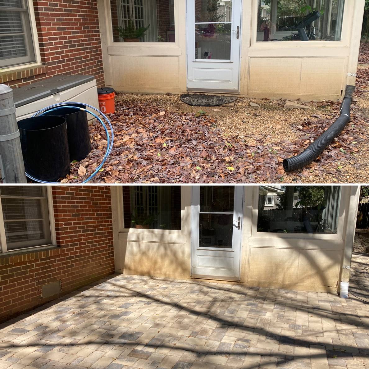 Before and after photos of an outdoor space with a sun porch in the background. In the Before photo, the foreground is a leafy cluttered mess. In the After photo, the foreground is a cleared paver patio.
