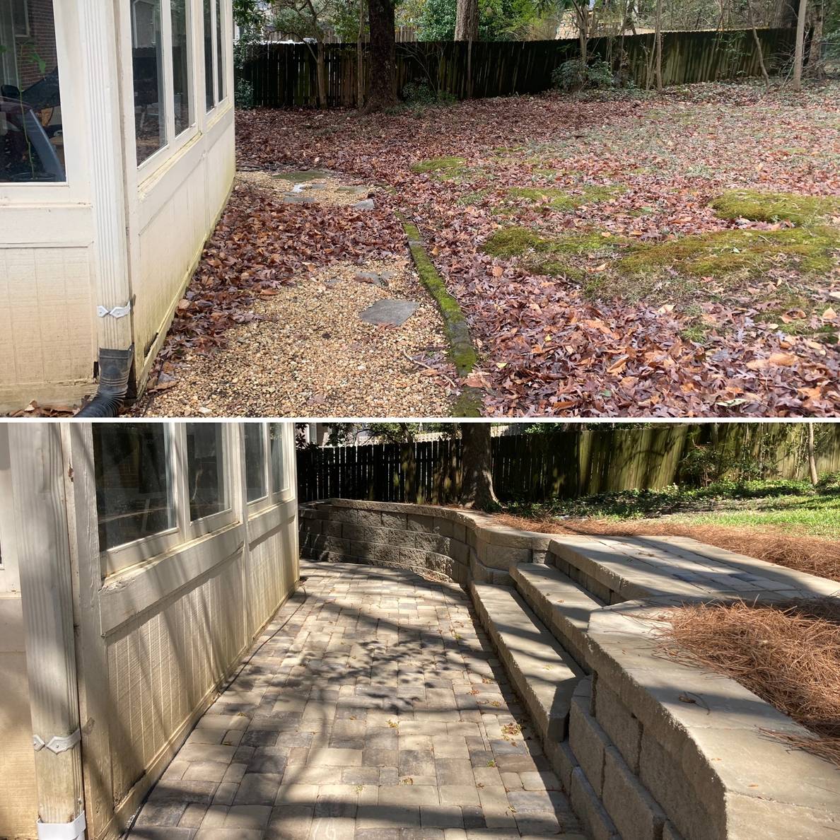 Before and After photos. To the left is the sun porch; to the right is the back yard. In the Before photo the yard slopes towards the house with a pea gravel path. In the After photo is a paver walkway with a wall and wide steps leading into the yard.