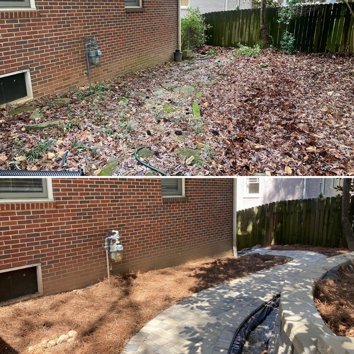 Before and After photos of a outdoor area with a house on the left. In the Before photo, the area is undefined and littered with leaves. In the after photo, a paver walkway leads around the house with a wall on the right and a planting bed on the left.