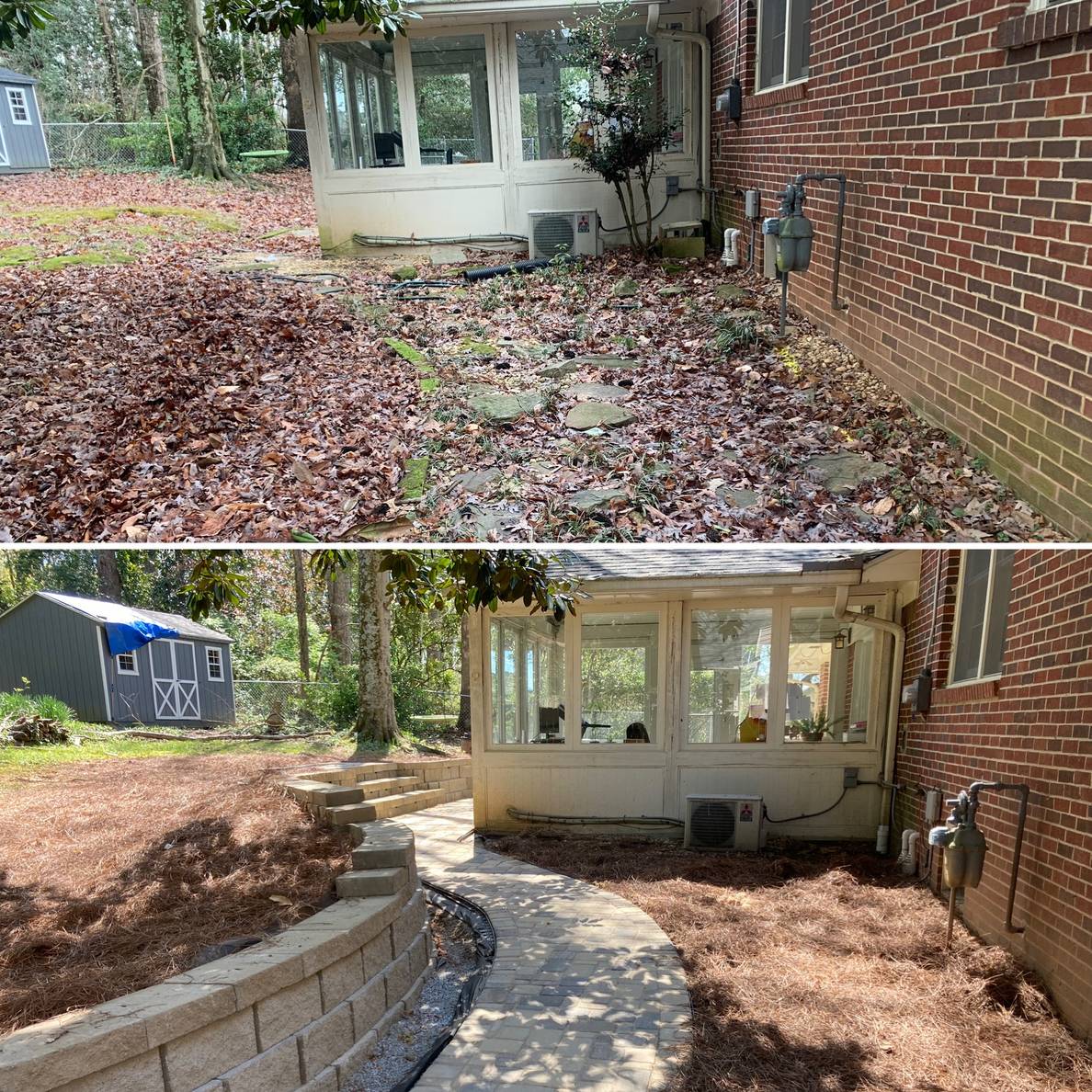 Before and After photos with a sun porch in the background. In the Before photo, a leaf littered area is in the foreground. In the after photo, a paver walkway leads towards and around the sun porch with a wall on one side and a planting bed on the other.