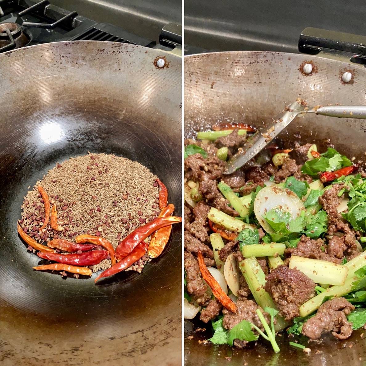 Two pictures: on the left a wok bottom is covered in cumin seeds with some Sichuan peppercorns and a dozen or so dried chilies; on the right the wok is filled with a cooked stir fry of lamb slices, celery, onion, and cilantro.