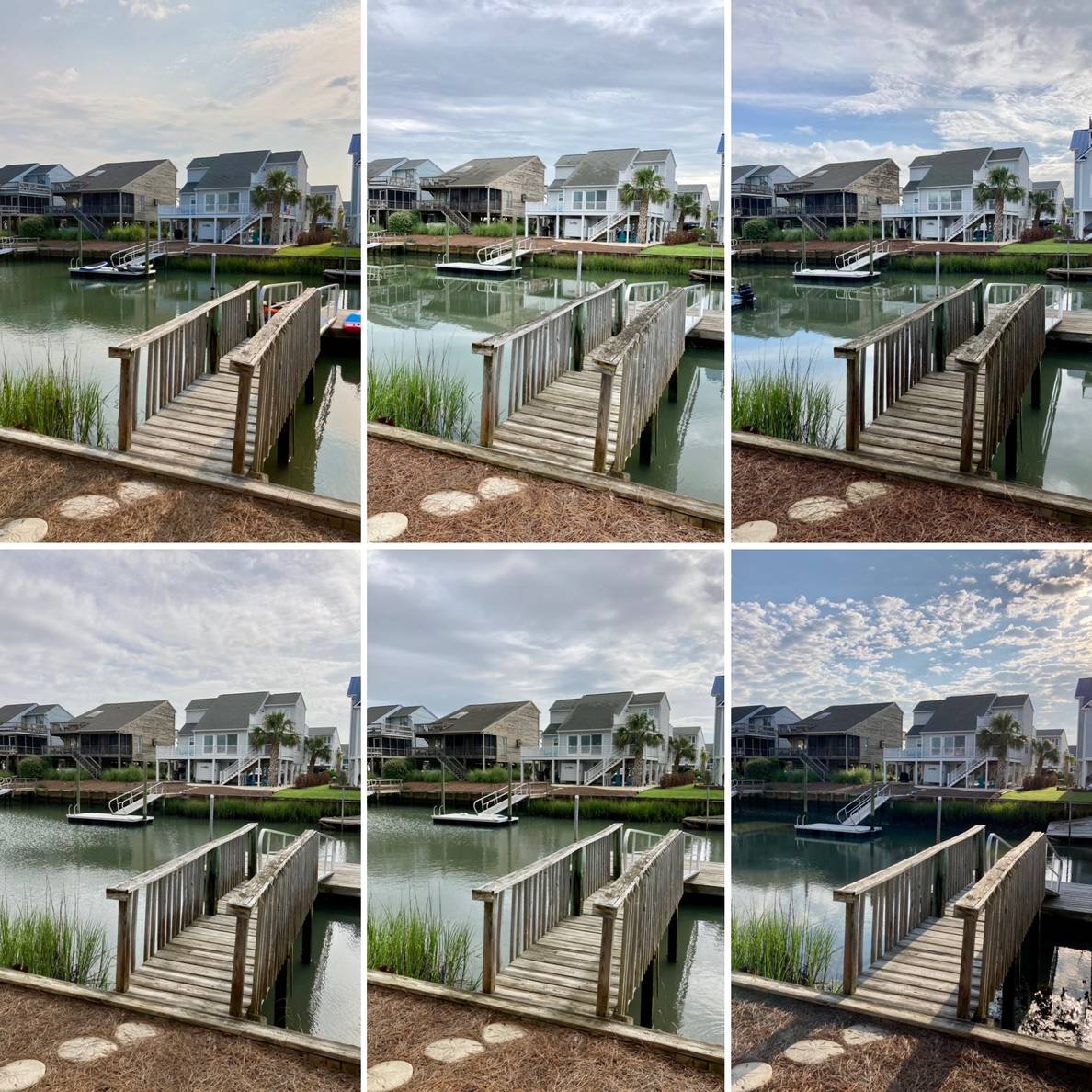Six photos all showing a dock leading to a canal and houses on the opposite side. Each photo is a different day.