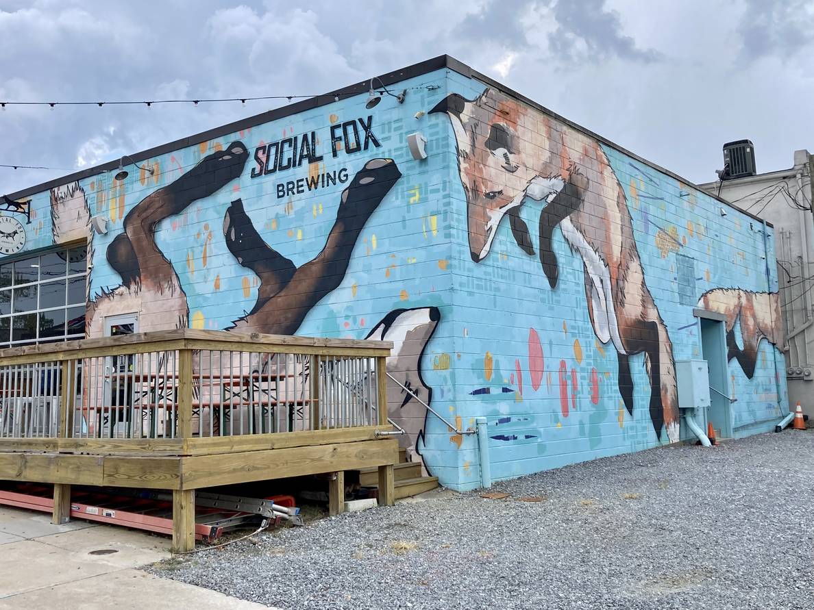 The corner of a building. On one side is a mural of a fox leaping. On the other, the mural depicts a fox on its back. A wooden deck is against that side. The words “Social Fox Brewing” are painted on the wall.