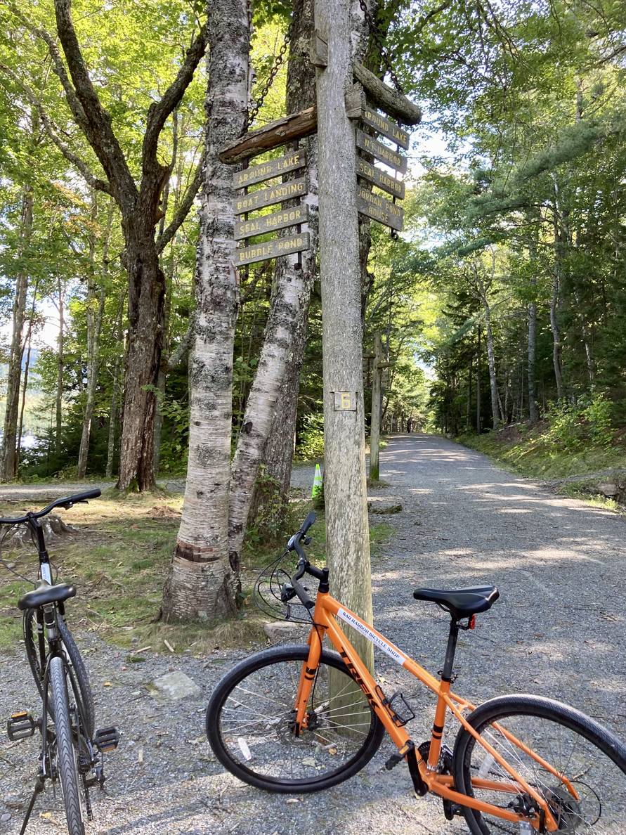 Two bikes in front of wooden signposts on fine-gravel roads through a wooded area.