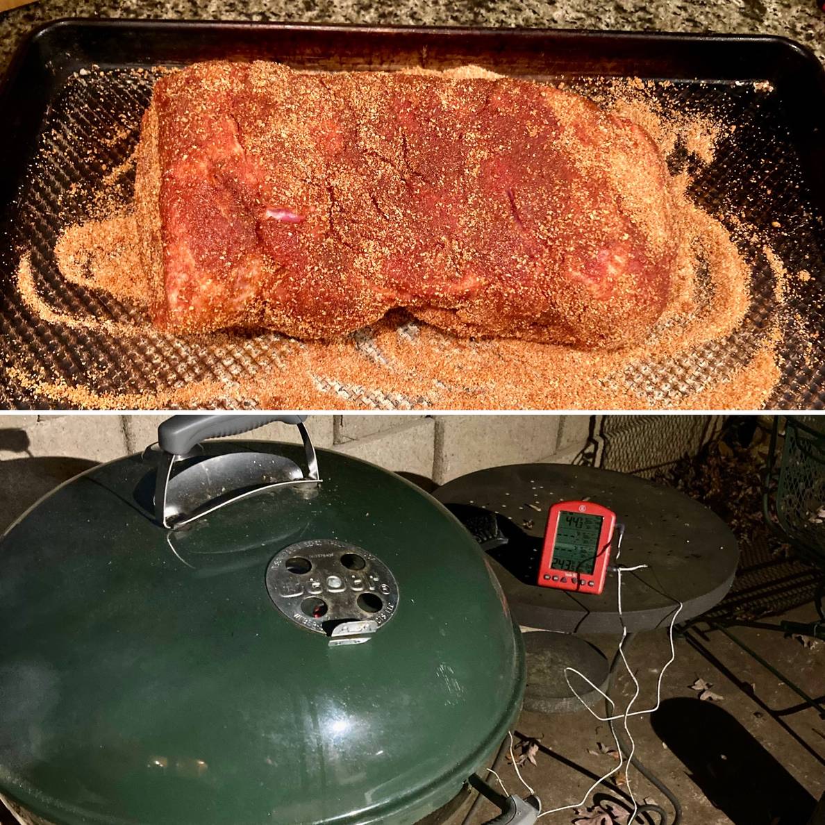 Two photos. One is a raw dry-rubbed pork butt inside on a sheet pan. The other is a Weber grill outside. Cables lead from the grill to a temperature display.