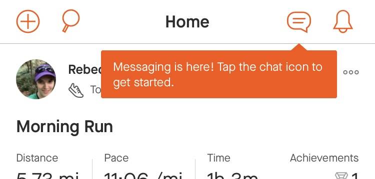 A screenshot of the Strava app with a notice announcing a new chat feature.
