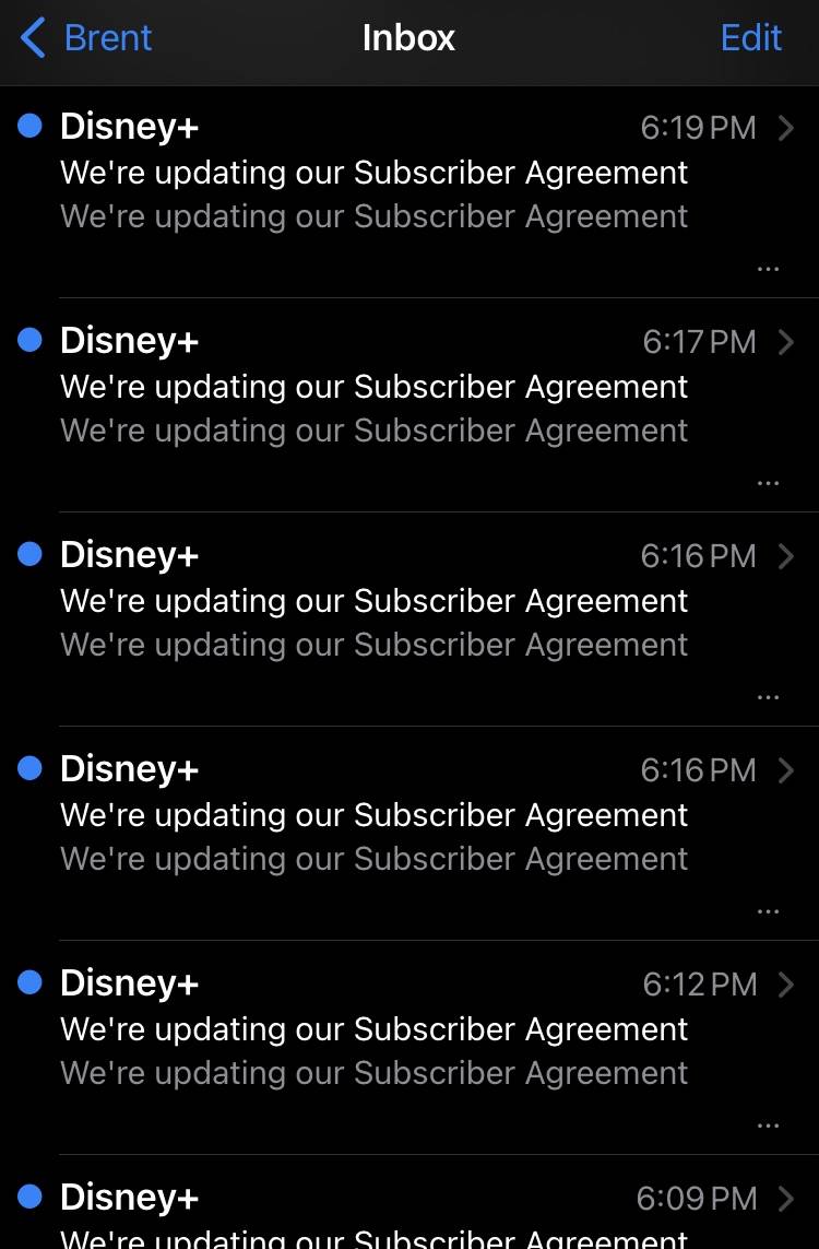 Screenshot of mail.app full of emails from Disney+ with the subject “We’re updating our subscriber agreement”