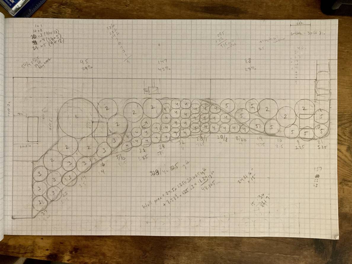 A picture of graph paper with a boundary drawn and multiple circles drawn in a pattern within the boundary.