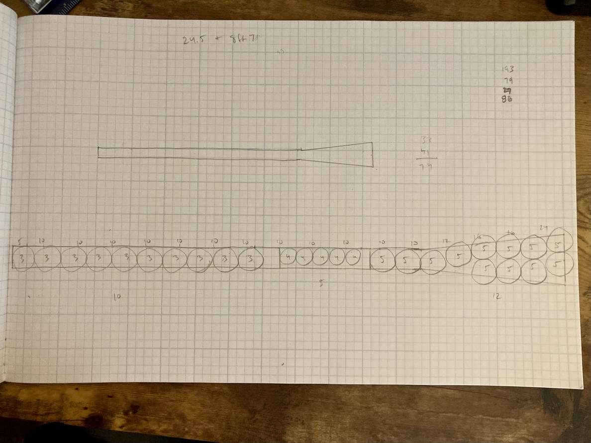 A picture of graph paper. A long narrow boundary is drawn with circles drawn within it.