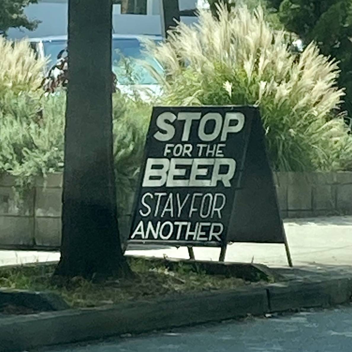 A sign on a sidewalk reads “Stop for the beer, stay for another”.