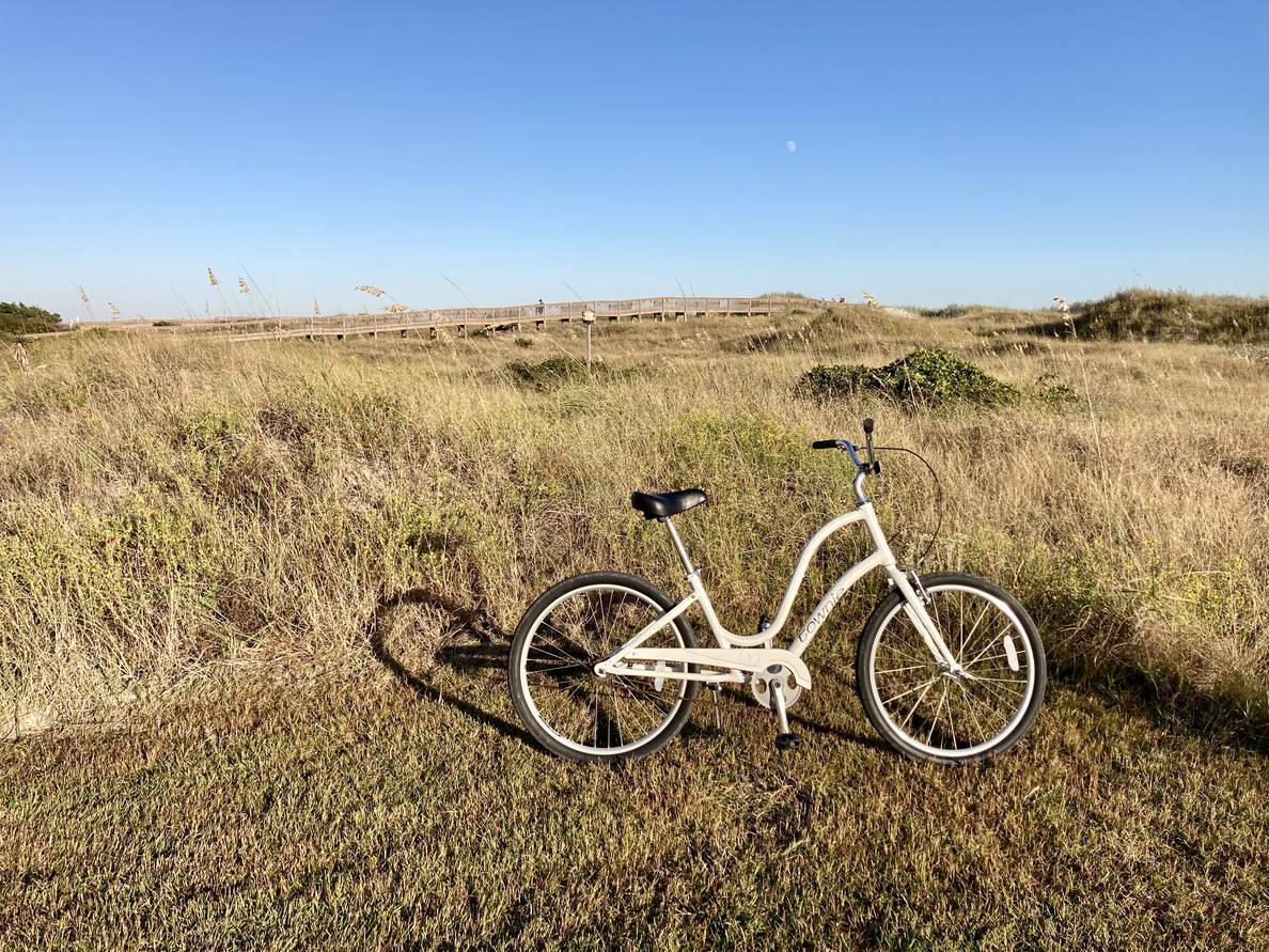 A beach cruiser bicycle in grass in front of sand dunes.