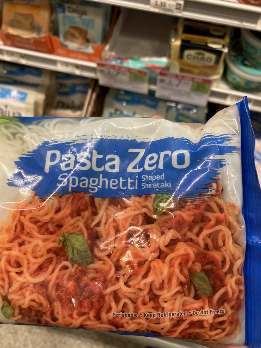 A package of Shirataki noodles at Publix. The packaging says “Pasta Zero Spaghetti Shaped Shirataki.”