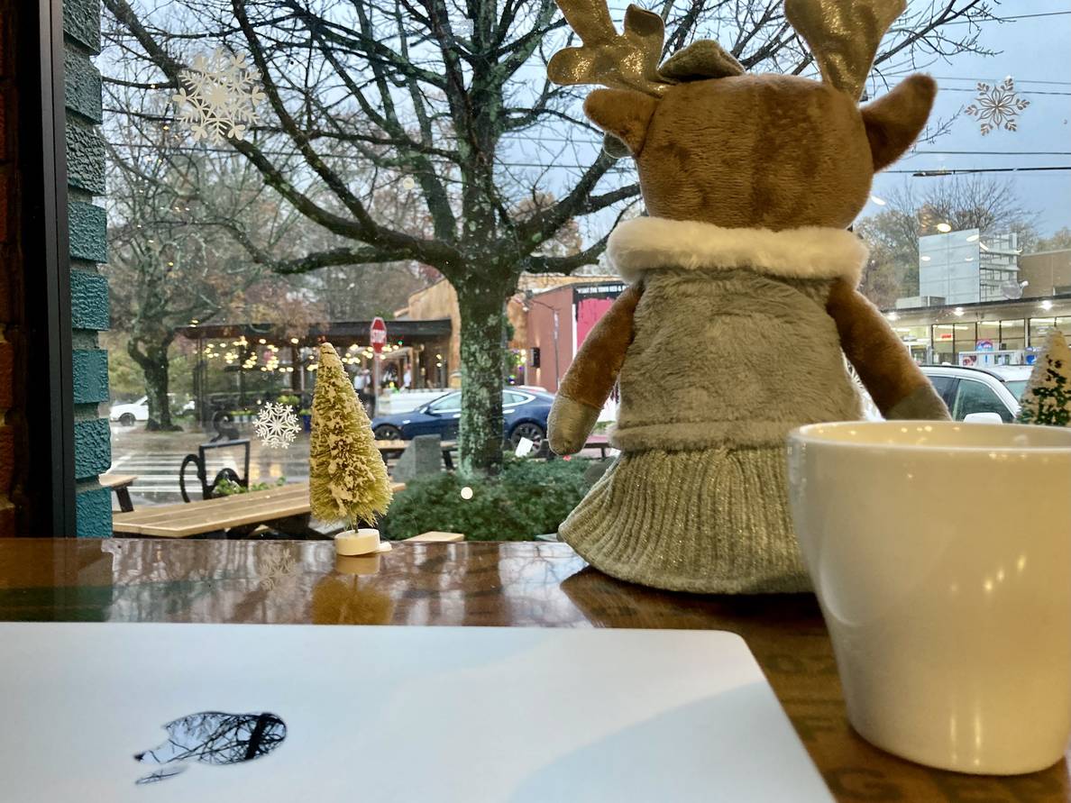 A laptop sits closed on a counter top next to a coffee mug. A stuffed reindeer sits with its back to the camera. Behind that is a window. It is raining outside, and a tree and restaurant are in the background.