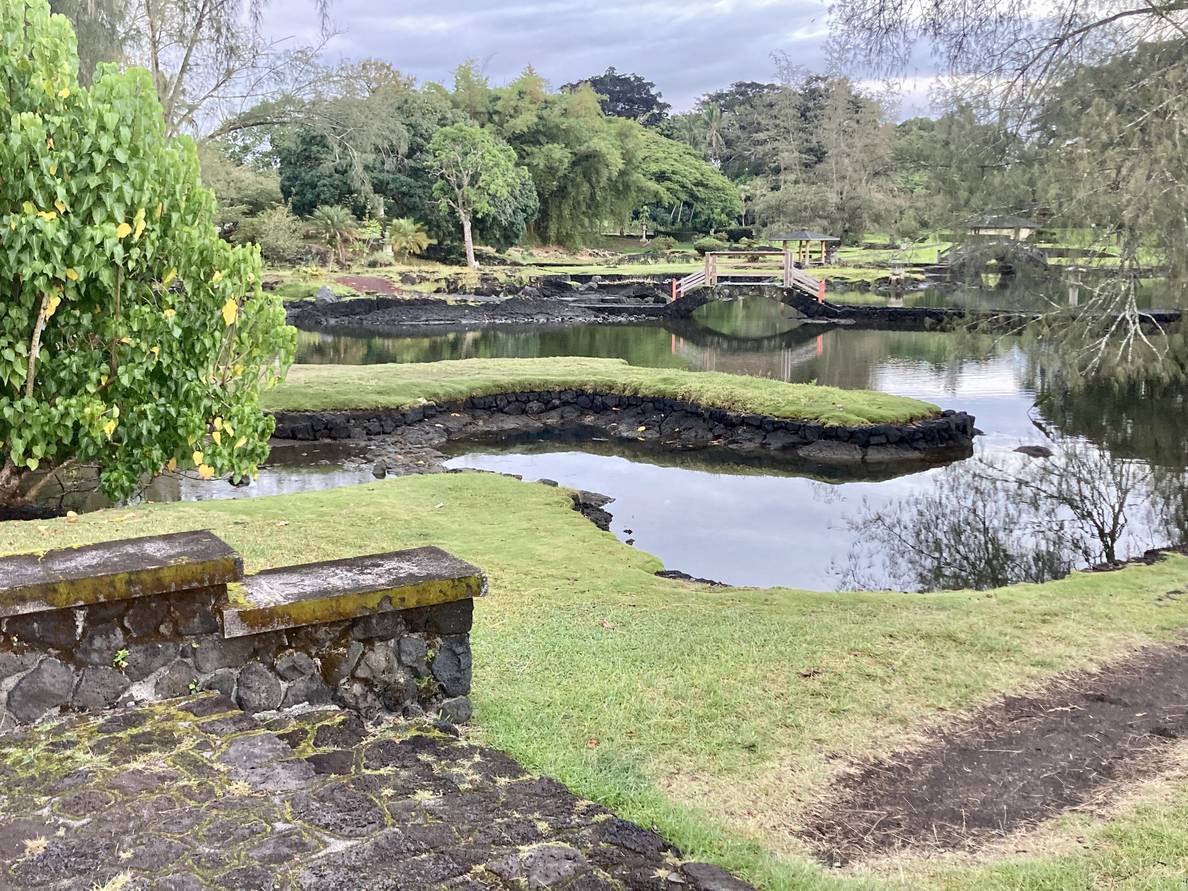 A photo of Japanese-style gardens. Water winds through the garden among bridges.