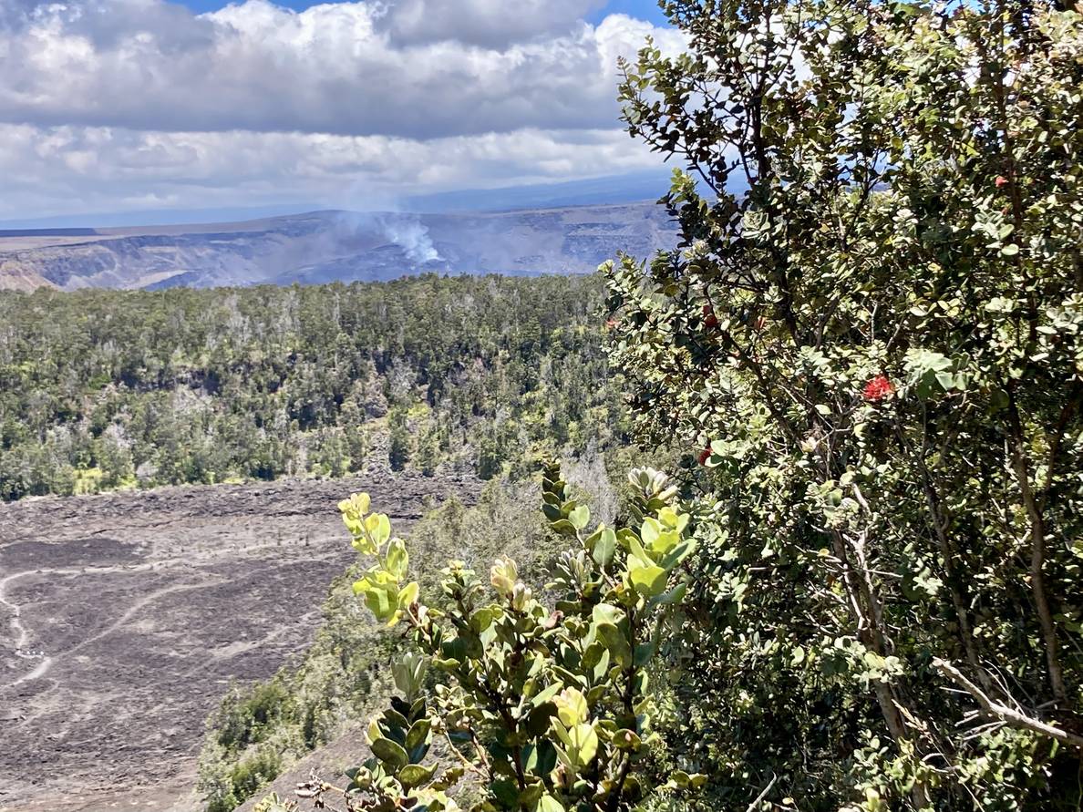 A photo showing steam from the Halema’uma’u Crater in the distance.