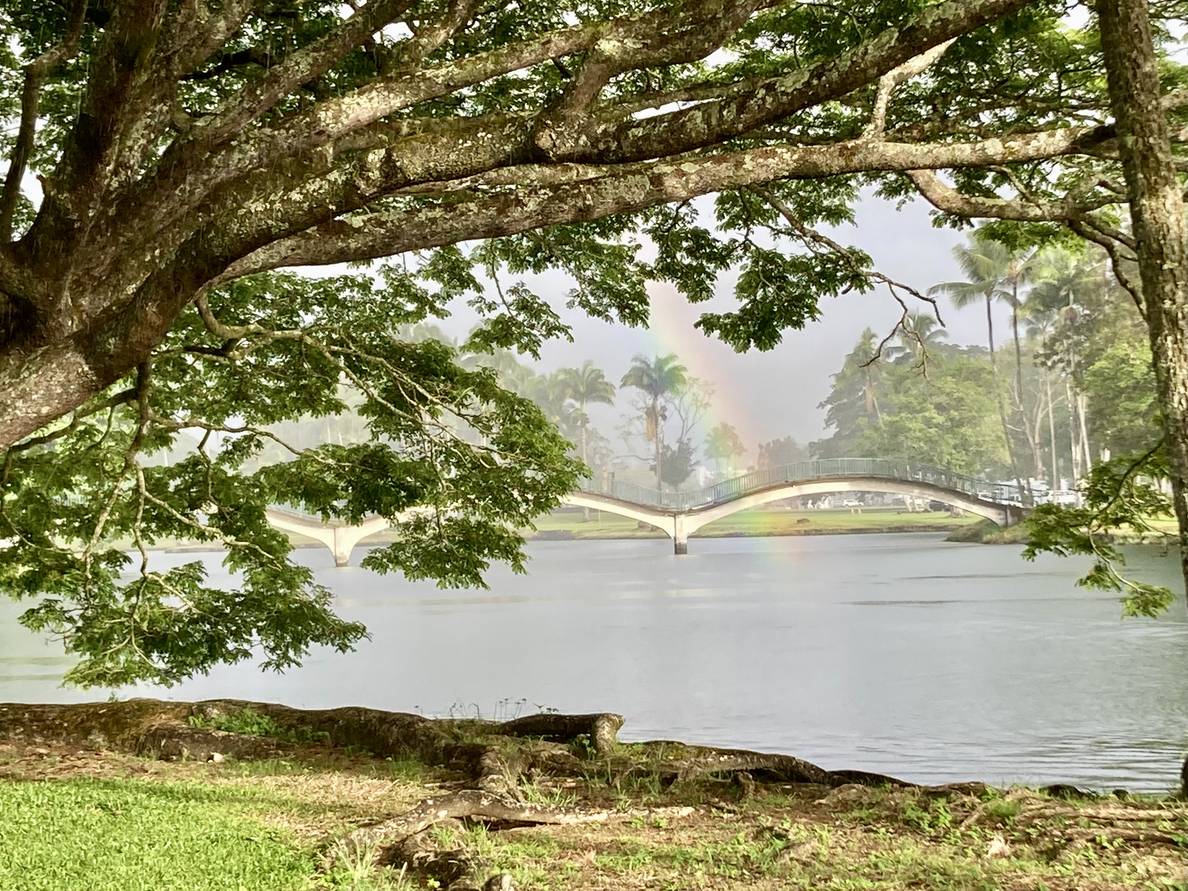 A photo of a waterway framed by trees. In there distance a bridge spans the water. A rainbow is in front of that bridge.