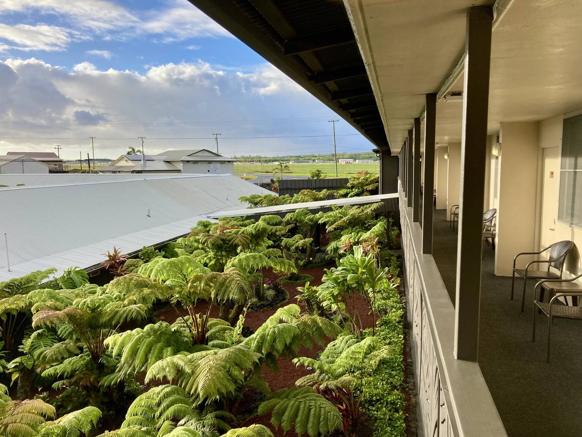 A final morning photo from our hotel in Hilo. The sky is bright blue with fluffy clouds after a morning rain.