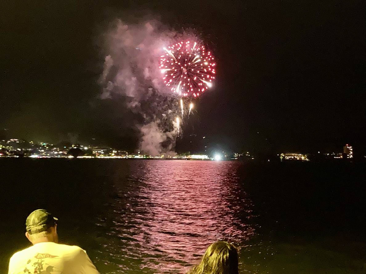 A photo of fireworks over a bay at nighttime. People’s heads are visible on this side of the bay, and city lights are visible on the other side of the bay.