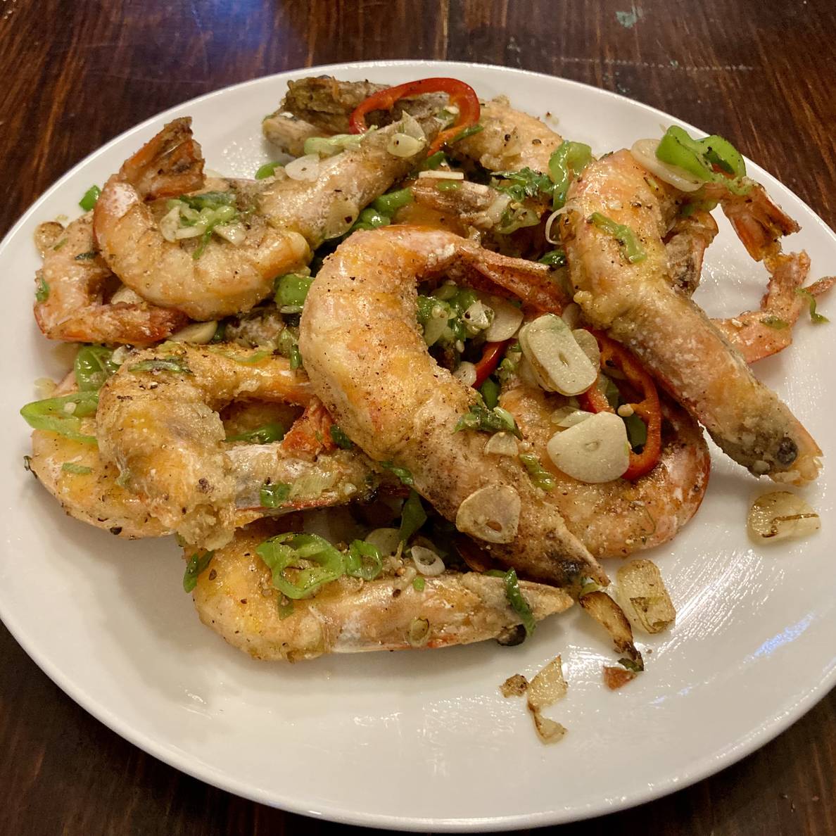 A photo of the plated Cantonese Pepper and Salty Shrimp