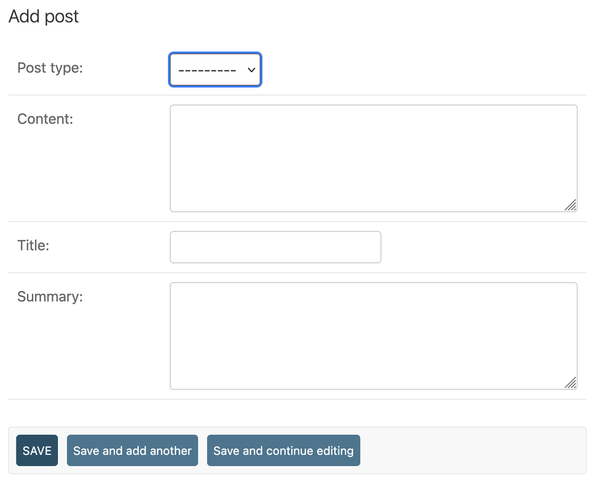 A screenshot of the Django admin for adding a note. It shows fields for Post Type, Content, Title, and Summary